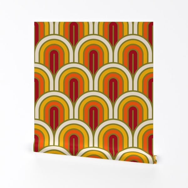 70s Wallpaper - Geometric Art Deco Sunset By Red Wolf - Arches Red Orange White Retro Removable Self Adhesive Wallpaper Roll by Spoonflower