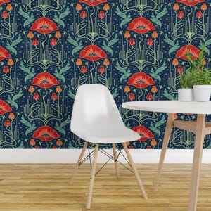 Tela floral verde Art Nouveaudc - Papel pintado rojo amapola Art Nouveau de Bamokreativ - Tela de algodón vintage cortada a medida con Spoonflower