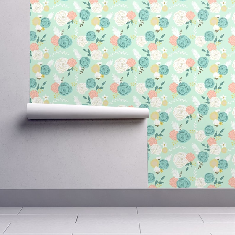 Custom Printed Removable Self Adhesive Wallpaper Roll by Spoonflower Blue Summer Blooms by Mint Peony Floral Wallpaper