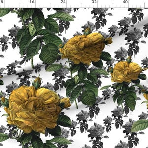 Yellow Rose Fabric - Redoute' Roses Yellow Large by Peacoquettedesigns ...