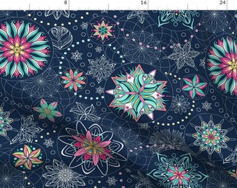 May include: A seamless pattern featuring intricate, colorful mandalas on a dark blue background. The mandalas are made up of geometric shapes and floral designs in shades of pink, teal, yellow, and white.