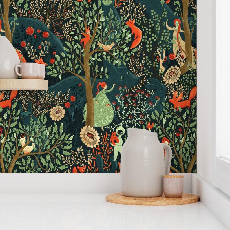 Fairy Tale Removable Peel and Stick Wallpaper - Enchanted Forest Foxes - Wall Art Wall Decor - Whimsical Wonderland by gaiamarfurt image 7