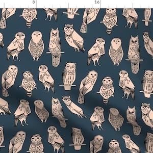 Owl Fabric - Owl // Blush And Navy Hand-Drawn Illustration Bird OwlBy Andrea Lauren - Nursery Cotton Fabric by the Yard with Spoonflower