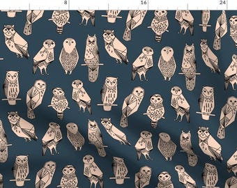 Owl Fabric - Owl // Blush And Navy Hand-Drawn Illustration Bird OwlBy Andrea Lauren - Nursery Cotton Fabric by the Yard with Spoonflower