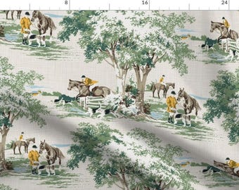 Preppy Fabric - Equestrian Hunter Golden by ponymacaroni - Toile Vintage Horse Equestrian Grandmillennial Fabric by the Yard by Spoonflower
