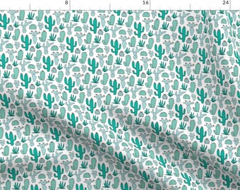 May include: A seamless pattern featuring a variety of cacti and succulents in shades of teal and green on a white background.