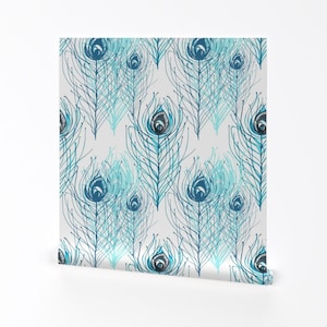 Feather Wallpaper - Peacock Feathers Aqua Indigo By Mimipinto - Custom Printed Removable Self Adhesive Wallpaper Roll by Spoonfloweronflower