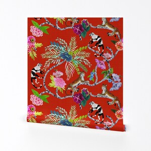 Chinoiserie Wallpaper - Chinoiserie Frolic By Pattern Garden - Red Custom Printed Removable Self Adhesive Wallpaper Roll by Spoonflower