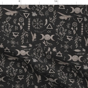 Magic Symbols Fabric - Moon Magic By Sugarpinedesign - Crescent Moon Black Witch Viking Mystical Cotton Fabric By The Yard With Spoonflower