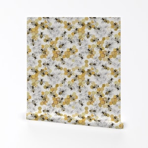 Bees Wallpaper - Save The Honey Bees By Fernlesliestudio - Yellow White Farmhouse Bee Removable Self Adhesive Wallpaper Roll by Spoonflower