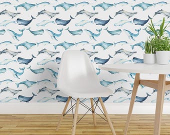Whale Wallpaper - Watercolor Whales By Hipkiddesigns - Blue White Coastal Ocean Beach Removable Self Adhesive Wallpaper Roll by Spoonflower