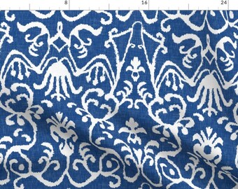 Blue Damask Ikat Fabric - Lucette Ikat In Navy By Willowlanetextiles - Vintage Floral Ikat Cotton Fabric By The Yard With Spoonflower