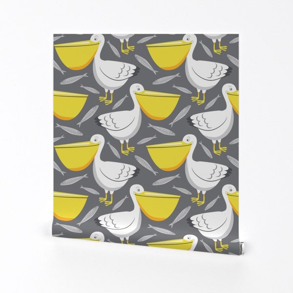 Pelicans Wallpaper - Happy Pelicans By Lisa Kubenez - Gray Yellow Nautical Bird Ocean Removable Self Adhesive Wallpaper Roll by Spoonflower