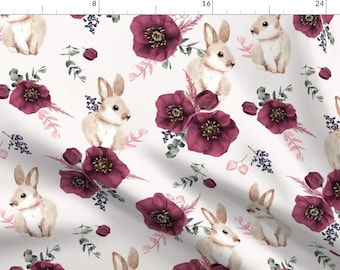 Nursery Floral Bunnies Fabric - Watercolor Bunny Small By Ewa Brzozowska - Nursery Floral Rabbit Cotton Fabric By The Yard With Spoonflower