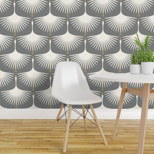 Art Deco Bird Peel and Stick Wallpaper - Cream Gray Abstract Birds Swan Crane Heron - Removable Wall Decor Art - Art Deco Swans by katerhees