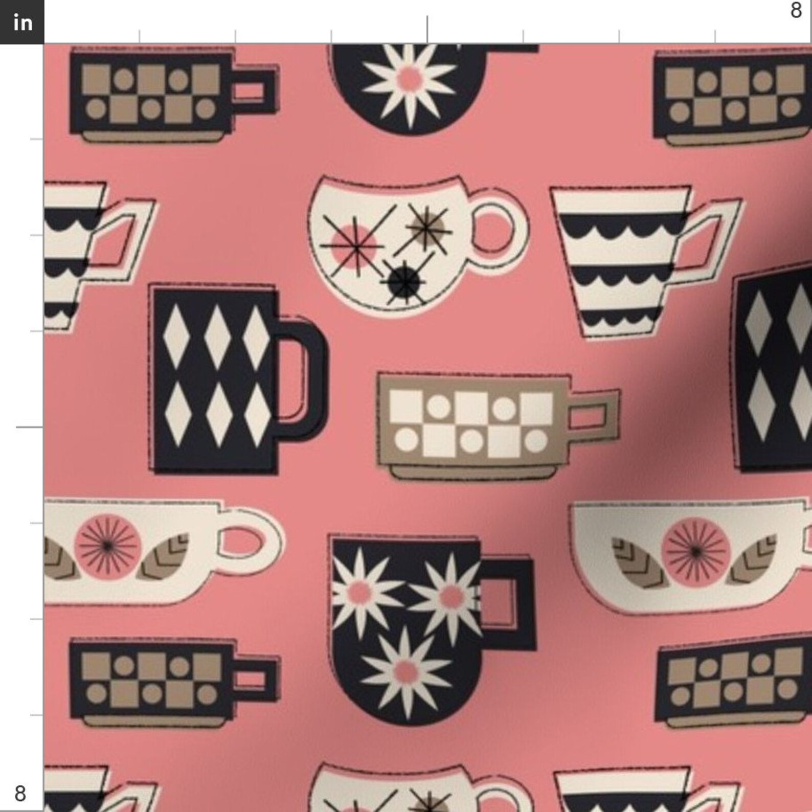 Retro Coffee Cups Fabric Coffee Mugs in Pink by Etsy