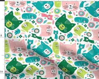 Retro Kittens Fabric - Kittens By Laurawrightstudio - Cute Retro Mod Kittens Pink Blue Green Cotton Fabric By The Yard With Spoonflower