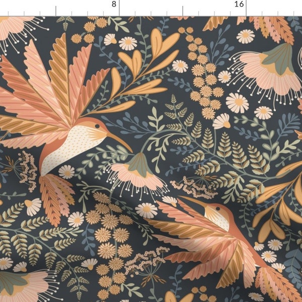 Hummingbirds Fabric - Colibri by garabateo - Coral Blue Green Botanical Colibri Bird Nature Floral Fabric by the Yard by Spoonflower