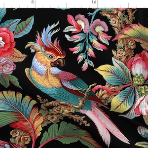 Tropical Fabric - Edwardian Parrot Bright On Black By Peacoquettedesigns - Tropical Parrot Black Cotton Fabric By The Yard With Spoonflower