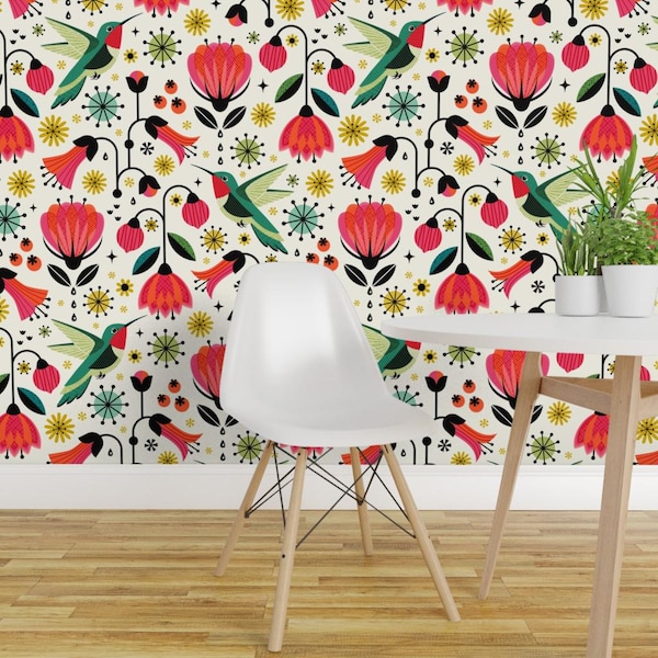 Kolibri-Tapete zum Aufkleben – Vintage-Blumen, florales Retro-Scandi-Design – Abnehmbare Wanddekoration – Kolibris von studioxtine