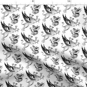Griffins + Dragons Fabric - Griffin And Dragon World By Stofftoy - Griffon Dragon Black And White Cotton Fabric By The Yard With Spoonflower