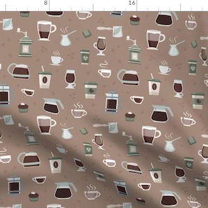 May include: A seamless pattern featuring various coffee and tea brewing equipment, including coffee makers, teapots, mugs, and grinders. The pattern is set on a brown background with a subtle coffee bean design.