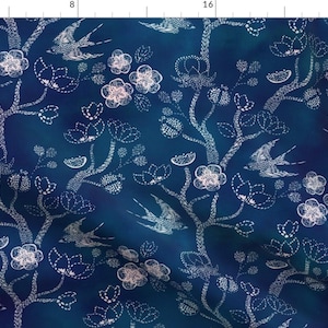 Shibori Blue Floral Illustration Spring Fabric - Shibori Garden By Ceciliamok - Shibori Trees Cotton Fabric By The Yard With Spoonflower