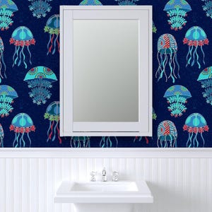 Jellyfish Wallpaper - Jellyfish Jubilee By Shellypenko - Blue Teal Red Custom Printed Removable Self Adhesive Wallpaper Roll by Spoonflower image 8