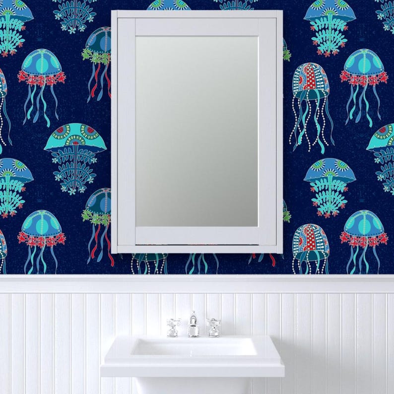 Jellyfish Wallpaper - Jellyfish Jubilee By Shellypenko - Blue Teal Red Custom Printed Removable Self Adhesive Wallpaper Roll by Spoonflower image 8