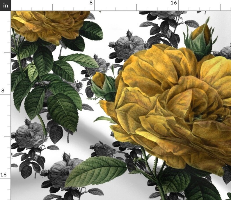 Yellow Rose Fabric Redoute' Roses Yellow Large by Etsy