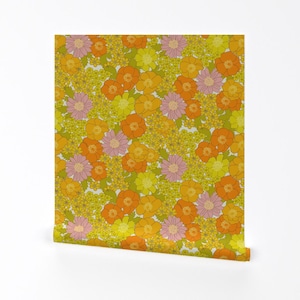 Retro Floral Removable Peel and Stick Wallpaper - Groovy Hippie Mid Mod Floral Boho Mcm - Wall Art Wall Decor - Retro Buttercup by mariarein