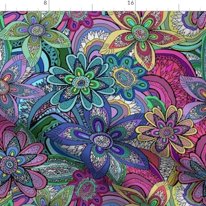 Floral Fabric - Trippy Jewel Flower Agates By Palifino - Retro Floral Doodle 1970s Kitsch Rainbow Cotton Fabric By The Yard With Spoonflower