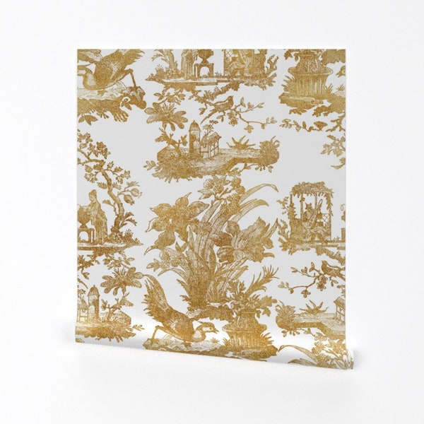 Toile Wallpaper - Chinoiserie Toile by peacoquettedesigns - Chinoiserie Asian Gold White Removable Peel and Stick Wallpaper by Spoonflower