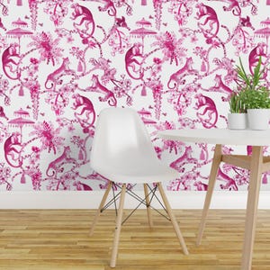 Maximalist Vintage Peel and Stick Wallpaper - Bright Pink Hot Pink Toile - Removable Wall Decor Art - Chinoiserie by pattern_garden