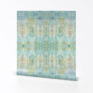 Green Removable Peel and Stick Wallpaper -  Yellow Aqua Beach Sea Tie Dye - Wall Art Wall Decor - Shibori Aqua Watercolor by michellemathis