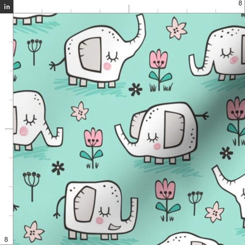 Sleepy Elephants Fabric Elephants With Flowers on Mint Green Etsy