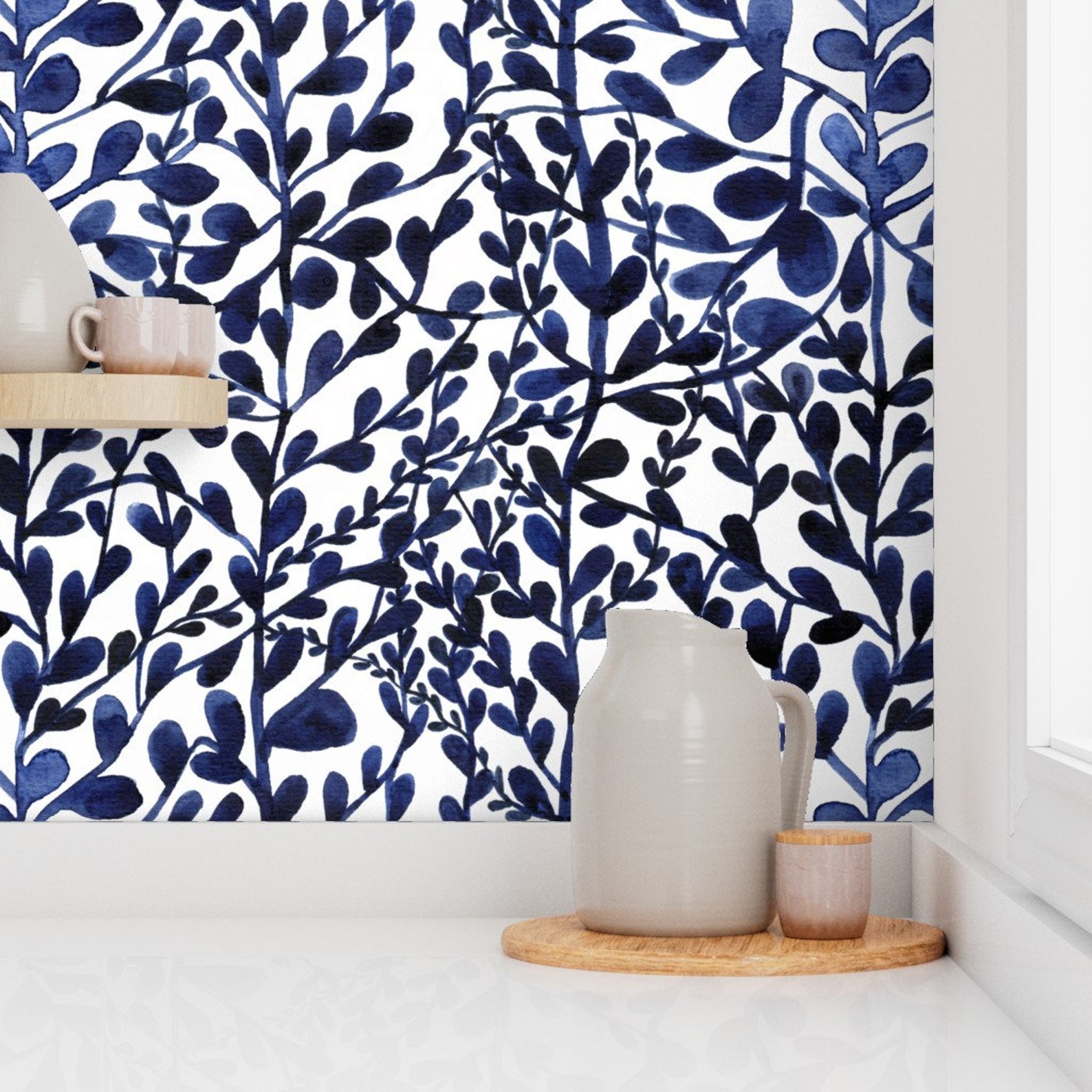 Botanical Wallpaper Navy Floral Leaves by Marjolein in - Etsy