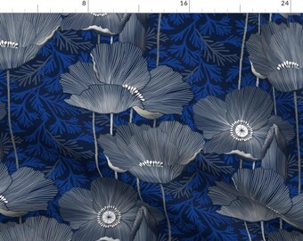Blue Floral Print Leaves Fabric - Blue Poppy By J9design - Blue Poppy Flowers Illustration Cotton Fabric By The Yard With Spoonflower