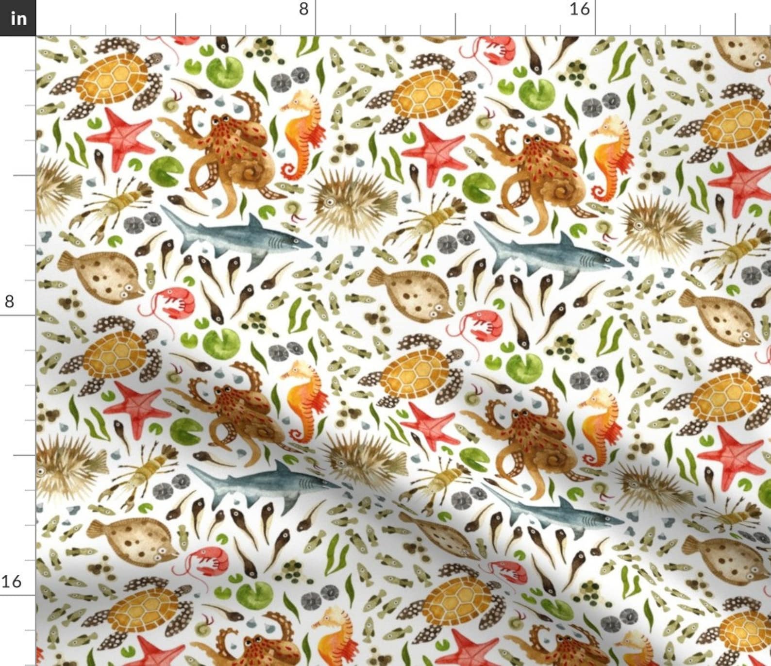 Sea Creatures Fabric Sea Creatures White by Marta Strausa Etsy