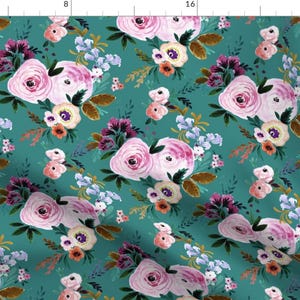 Flower Fabric - Victoria-Floral-Teal By Crystal Walen - Flowers Teal Pink Rose Sprigs Boho Cotton Fabric By The Yard With Spoonflower