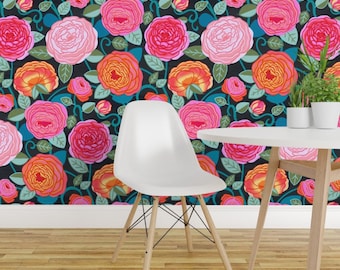 Flowering Vine Wallpaper - Climbing Rosa Vines By Tigatiga - Green Pink Custom Printed Removable Self Adhesive Wallpaper Roll by Spoonflower