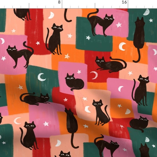 Black Cat Fabric - Night Prowl Small By Allierunnion - Black Cat Moon Blocks Halloween Autumn Cotton Fabric By The Yard With Spoonflower