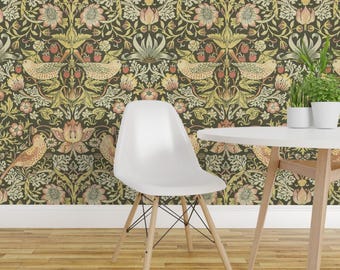 Victorian Peel and Stick Wallpaper - Olive Green Edwardian Strawberry  - Removable Wall Decor Art - Strawberry Thief by peacoquettedesigns