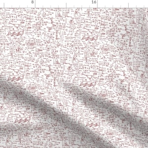 May include: A white fabric with a repeating pattern of red handwritten mathematical equations, formulas, and graphs.