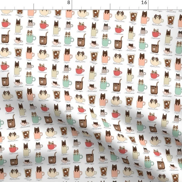 Coffee Fabric - Tiny Coffee Cats By Pinkowlet - White Blue Pink Kitten Cafe Bistro Espresso Tea Cotton Fabric By The Yard With Spoonflower