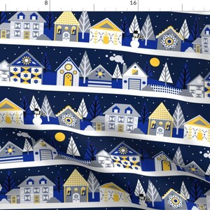 Winter Blue Houses Holiday Fabric - Snow At Night By Nikijin - Winter Blue Snowy Pattern Cotton Fabric By The Yard With Spoonflower