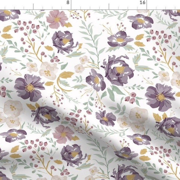 Purple Berries and Florals Fabric - Autumn Meadow Floral By Sweeterthanhoney - Watercolor Floral Cotton Fabric By The Yard With Spoonflower