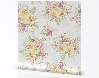 Yellow Wallpaper - Floral Bouquet by ginaanne -  Floral Watercolor Yellow Rose Kitsch Removable Peel and Stick Wallpaper by Spoonflower