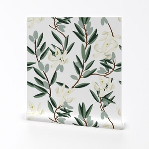 White Floral Wallpaper- Olive Bloom Small By Holli Zollinger - Modern Custom Printed Removable Self Adhesive Wallpaper Roll by Spoonflower