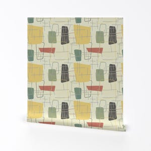 Carta da parati anni '50 - Anni Cinquanta di Owlandchickadee - Rotolo di carta da parati autoadesiva rimovibile giallo verde blu navy retrò di metà secolo di Spoonflower